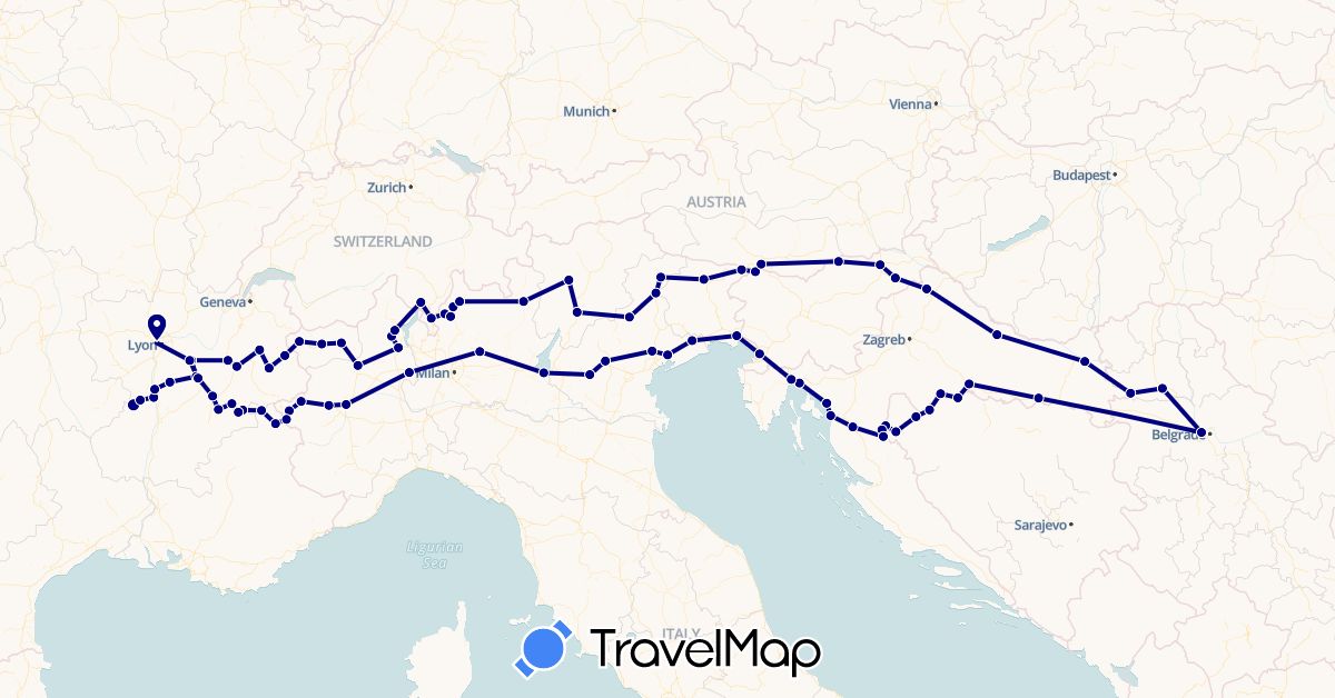 TravelMap itinerary: driving in Austria, Bosnia and Herzegovina, Switzerland, France, Croatia, Italy, Serbia, Slovenia (Europe)